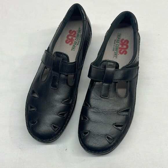 SAS Mary Janes EZ Strap Black Leather Walking Shoes - Picture 1 of 9